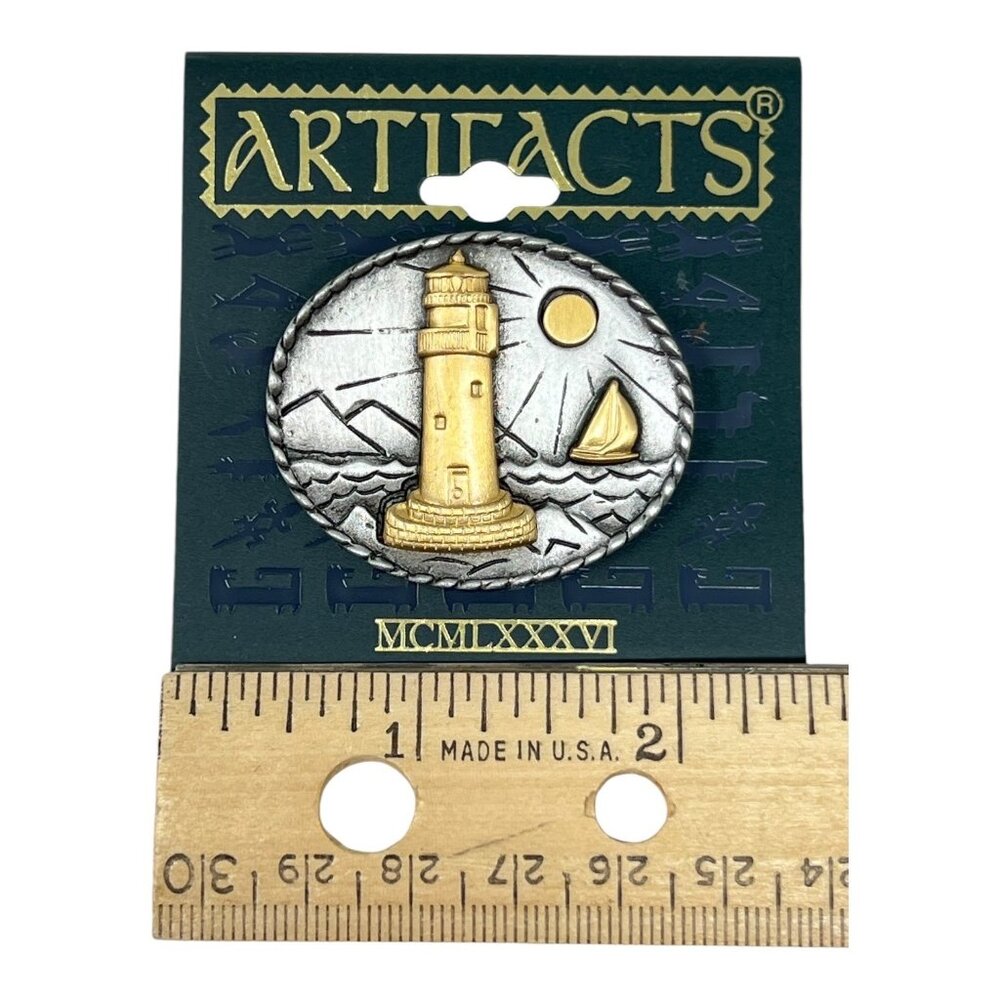 JJ Artifacts Lighthouse Sailboat Scene Brooch Pin 1986 Silver Gold Tone Vintage - Picture 5 of 6